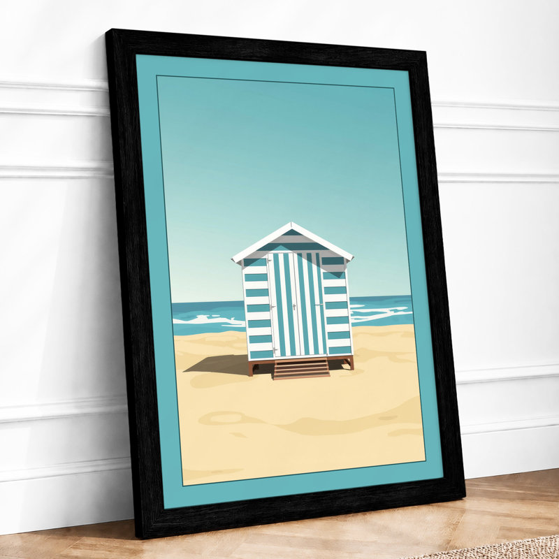 Striped Beach Hut Coastal - Framed Print, A1 - 84.1 x 59.4 cm, Black