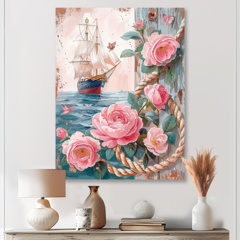 Ancre de pirate rose et vert avec roses roses I - art mural côtier, Métal métal, H 24 po x l 32 po x P 1 po