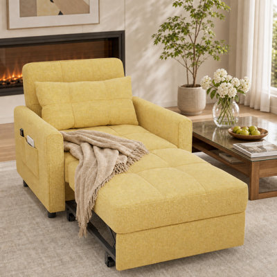 3-in-1 Convertible Pull Out Sleeper Chair, Adjustable Backrest 108°-162° Upholstered Single Sofa Bed with Side Pocket & Casters,Linen Accent Chair for Living Room Guest Room