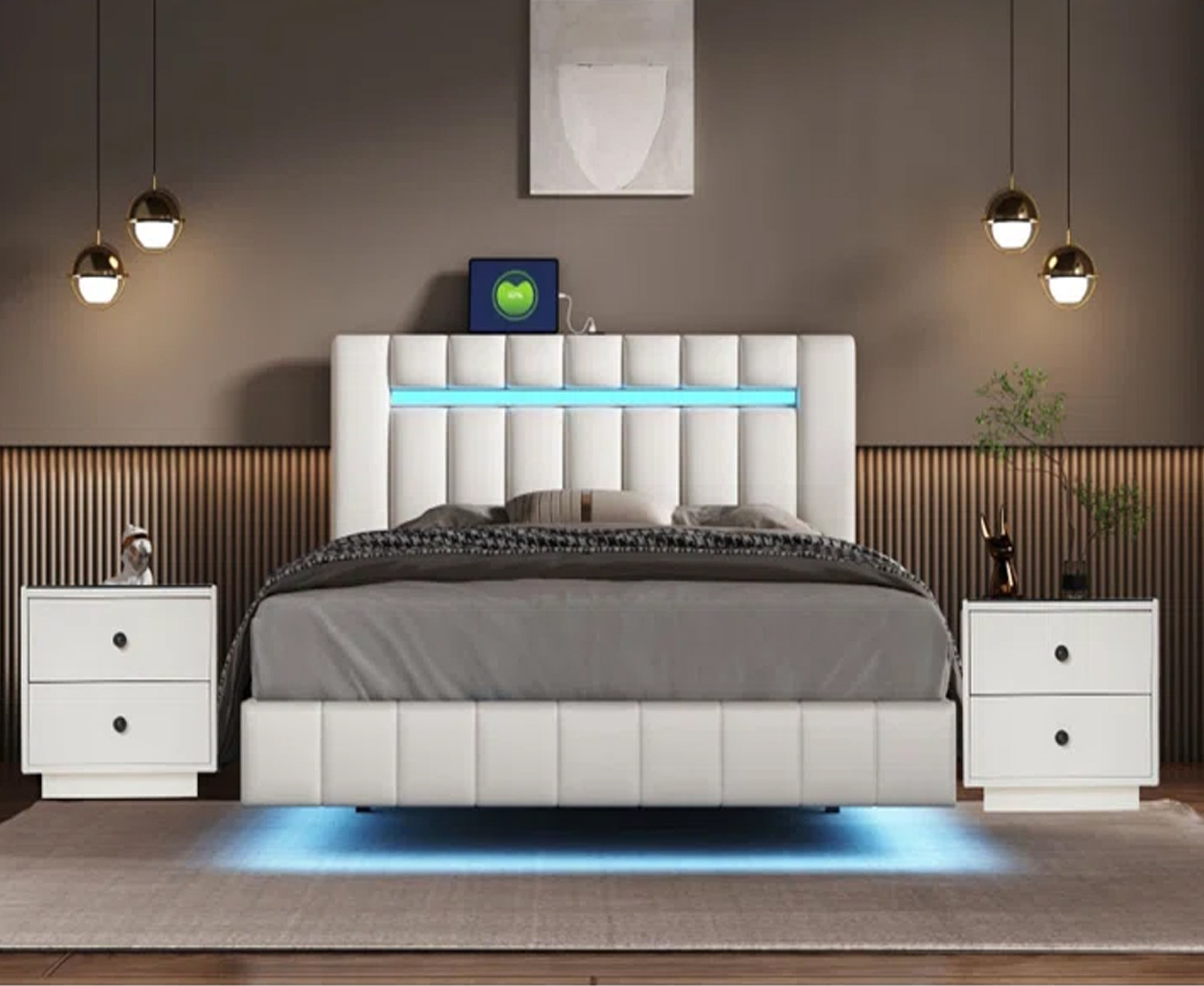 Orren Ellis 3-Pieces Bedroom Sets Queen Size Upholstered Bed With LED ...