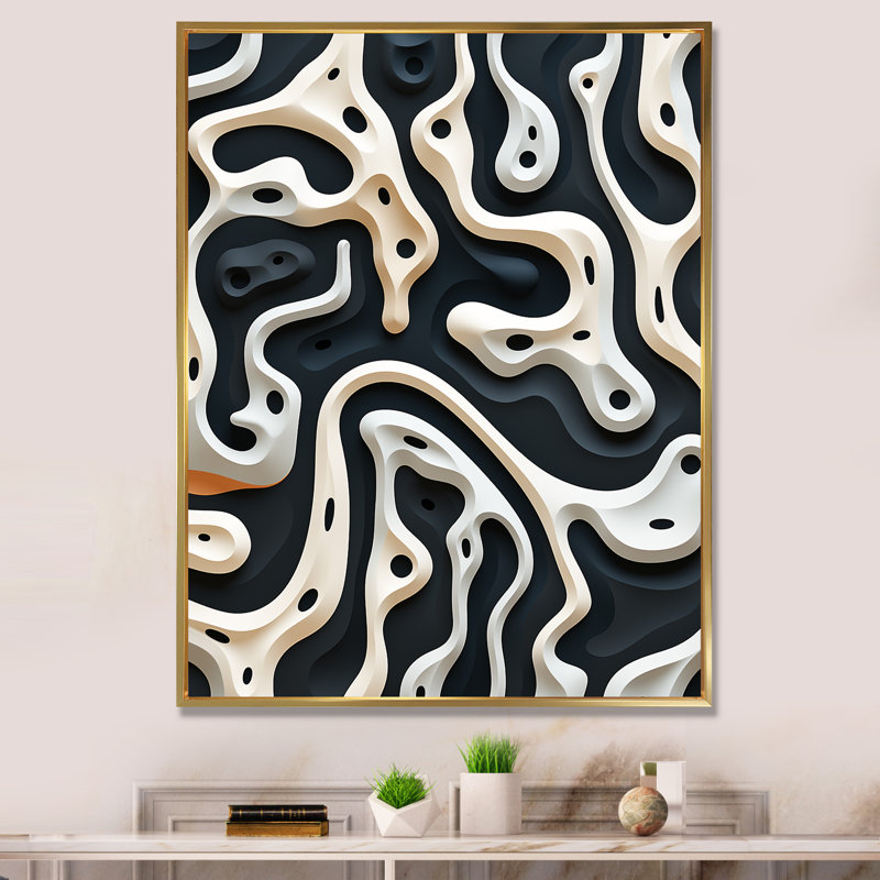 Noir et blanc, motif de labyrinthe II - art mural abstrait, salon, H 32 po x l 24 po x P 1 po, Cadre flottant doré