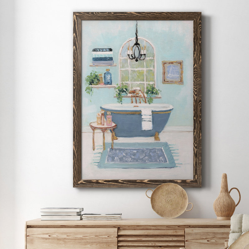 «Blue Bath I», peinture sur toile encadrée, H 24 po x l 18 po x P 1,5 po, Noyer