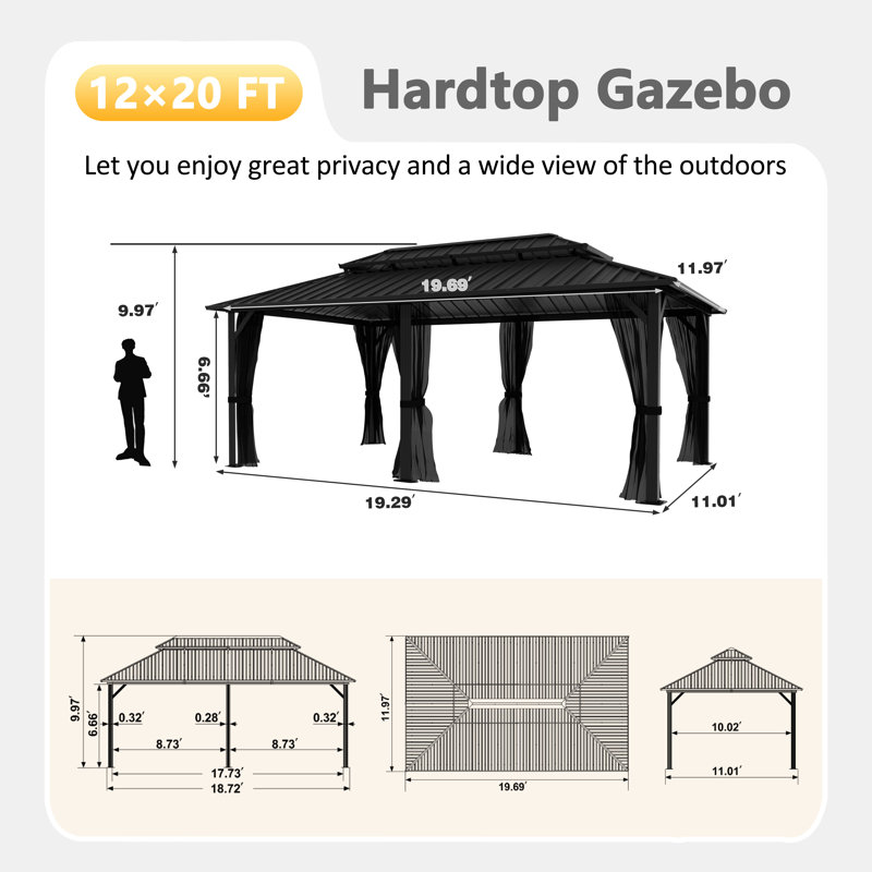 Pavillon de jardin en aluminium à toit double avec toit rigide, H 113,03 po x l 144 po x P 144 po
