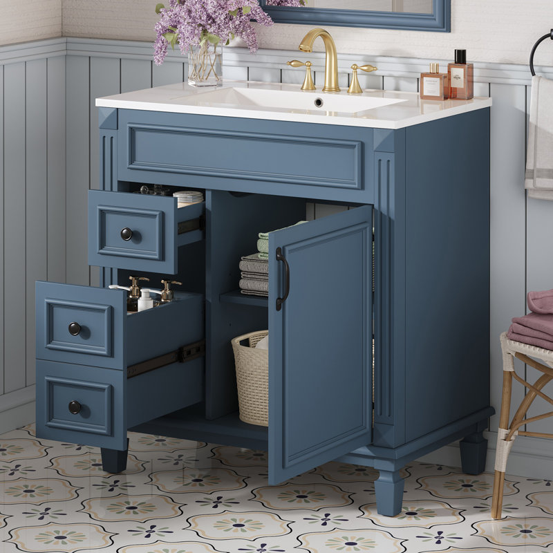 Ensemble de meuble-lavabo autoportant, tablette réglable, Bleu
