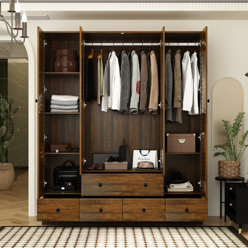 Armoire-penderie 4 portes de 150 cm de large avec 2 tringles, 5 tiroirs et 7 tablettes, Brun