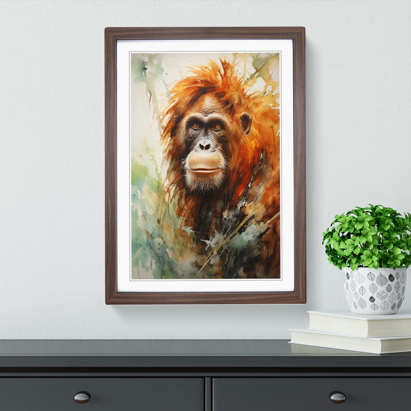 Orangutan Expressionism - Single Picture Frame Print on Wood, Walnut Framed, 64cm H x 46cm W x 2cm D