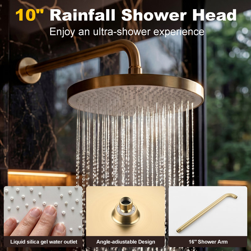 Luxury 3-Function Shower System With 10" Rain Shower, Handheld Sprayer & Tub Spout, Solid Brass Valve, 2.5 GPM, Brushed Gold