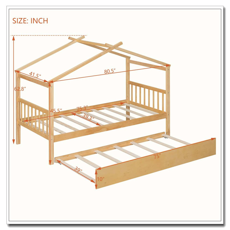 Lit en bois avec lit gigogne simple, Naturel