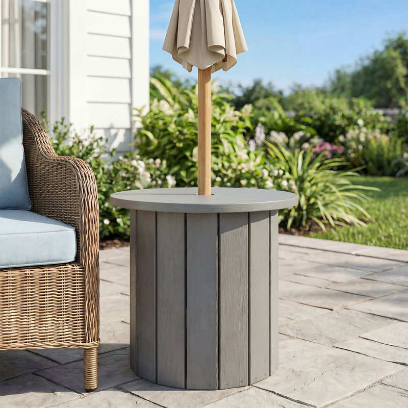Gary Round 21" Plastic Patio Side Table Umbrella Base with Wide Top, Gray