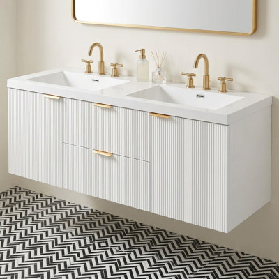 Meuble-lavabo double de 150,5 cm (59,3 po), solution de rangement murale, façade cannelée, style contemporain, pour salle de bain principale ou suite d'invités