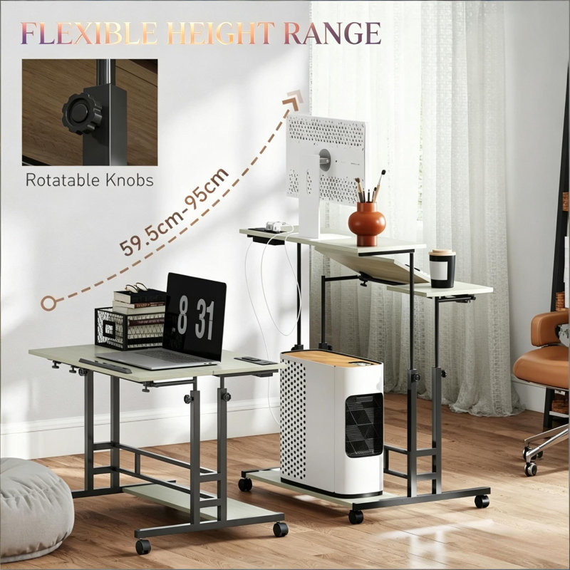 Mobile Adjustable Standing Desk with Charging Station & Wheels, Oak