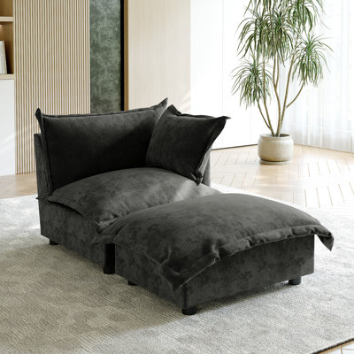 Plush Dark Gray Upholstered Chenille Accent Chair with Oversized Cloud Cushions and Movable Ottoman