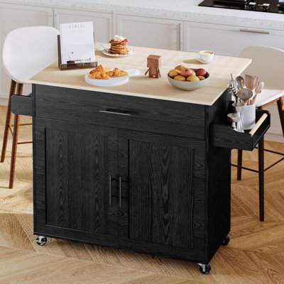 Kitchen Island With Storage, Rolling Cart On Wheels, Drop Leaf Tabletop, Charging Station, Adjustable Shelves, 3-Tier Spice Rack, Cabinet & Drawer, Black