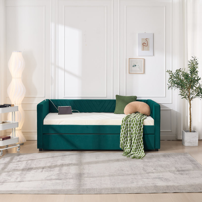 Upholstered Daybed with Trundle,USB Port ,Side Pockets, Modern V-grained backrest Design, Emerald