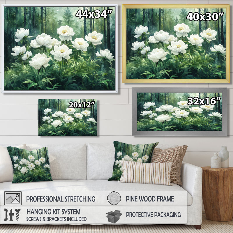 Giosue, pivoines d'été dans les pentes forestières I - pivoines, art mural, Reproduction encadrée d'une seule photo, Doré