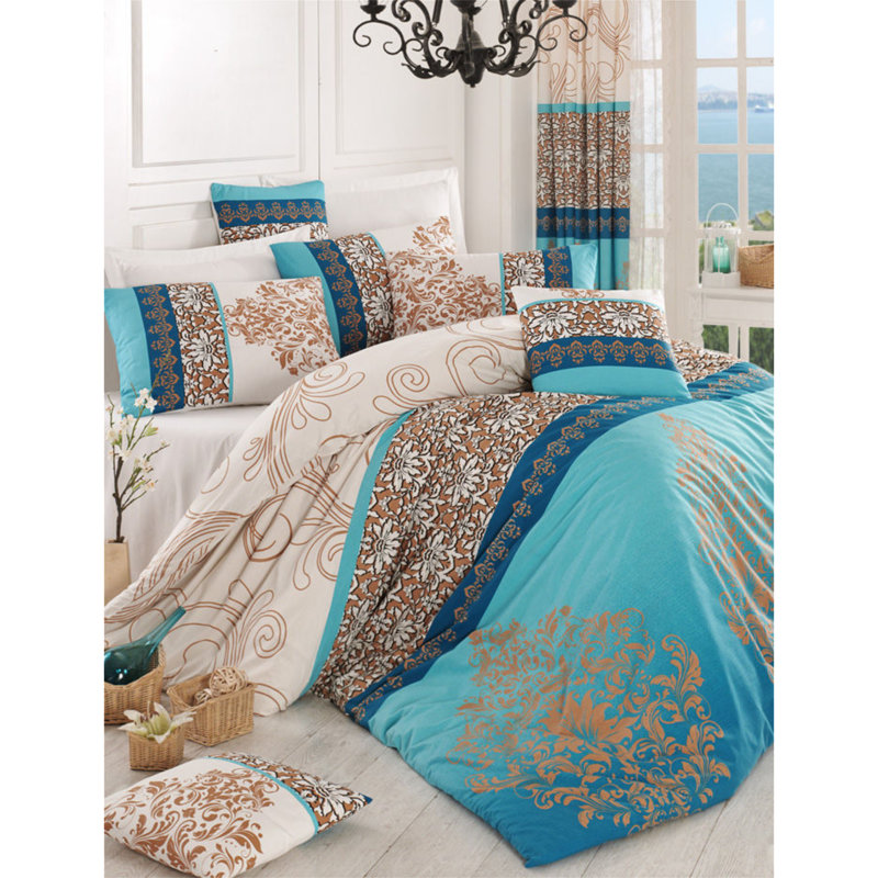 Ensemble de housse de couette 100% coton Ranforce, turquoise et écru, housse de couette 63 x 87, drap plat 63 x 94, taie d'oreiller 20 x 28 | 140 fils, lavable à la machine, conception élégante avec fermeture à boutons