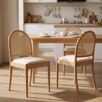 Rattan Dining Chairs Set of 2,Beige Upholstered Linen Dining Room Chairs with Backrests, Modern Kitchen Chairs with Wood Legs
