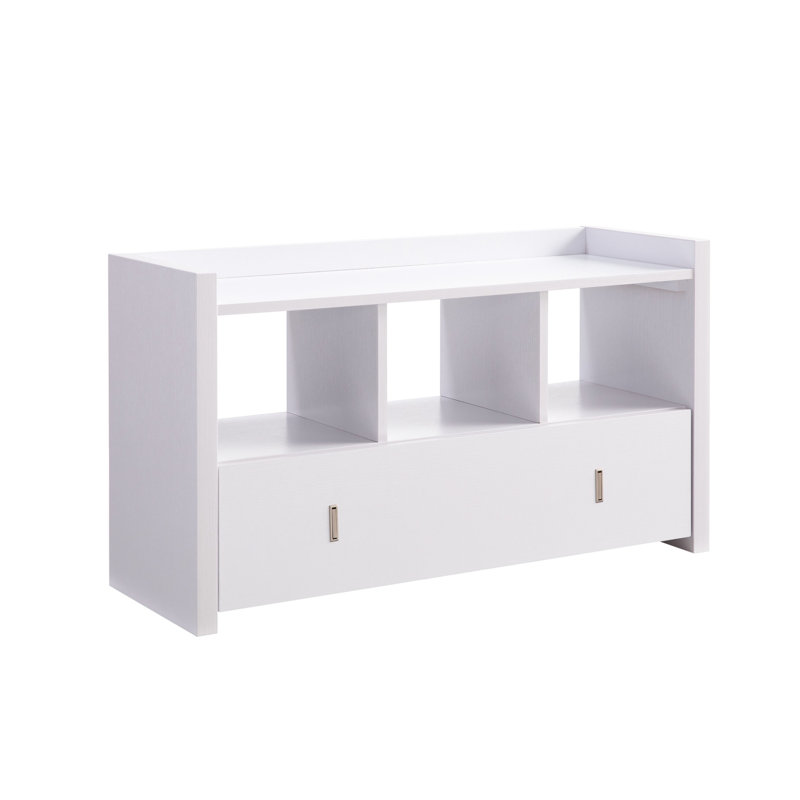 Banc à chaussures blanc avec trois tablettes et bac à chaussures