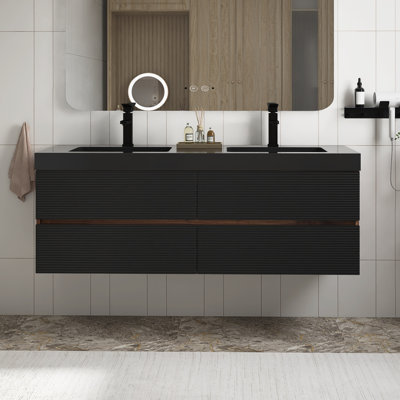 Meuble-lavabo moderne en noyer de 60 po avec lavabo en quartz d'ingénierie noir mat et tiroirs noirs, meuble-lavabo mural flottant