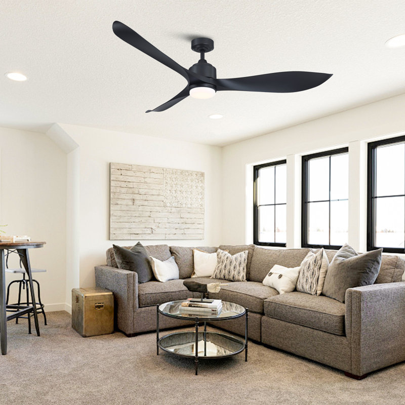 Modern 66" Propeller Ceiling Fan With LED Light And Remote Control, Black with Black Blades
