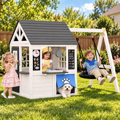 Outdoor Wooden Kids Playhouse With Attached Swing Set, Backyard Cottage Pretend Playhouse With A-frame Swing & Pet Door For Garden Fun