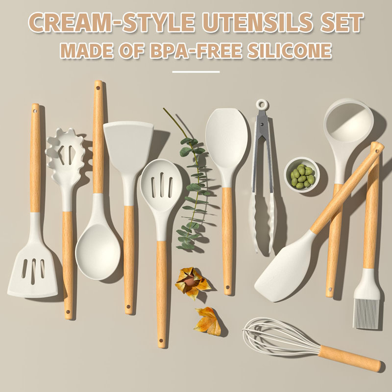 Cream White 33-Piece Silicone and Wood Cooking Utensil Set