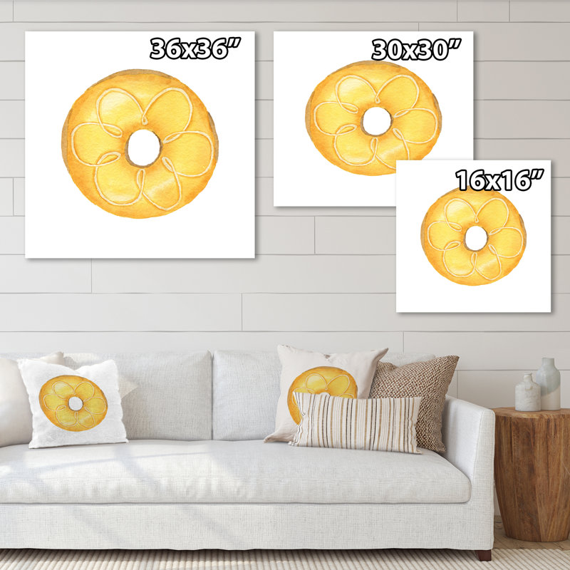 Donut jaune sur blanc - peinture sur toile, H 16 po x l 16 po x P 1 po, Toile tendue