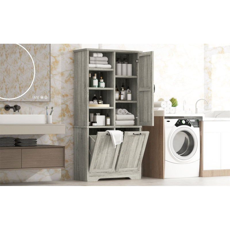 Bathroom Storage Cabinet With Doors And Drawers, Tilt-Out Laundry Hamper, Multiple Storage Space, Freestanding Style, Open Shelve, Adjustable Shelf, Oak(Old SKU:N725P208543L)