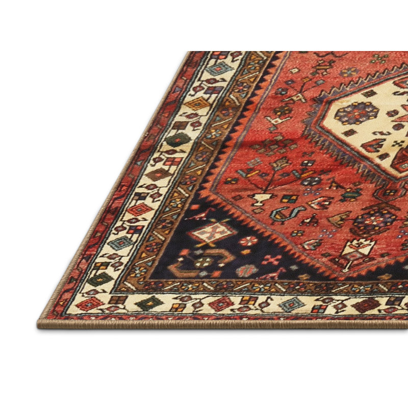Tapis oriental en laine / polyester tissé à la machine rouge / crème / noir, Rectangle 5 pi x 7 pi