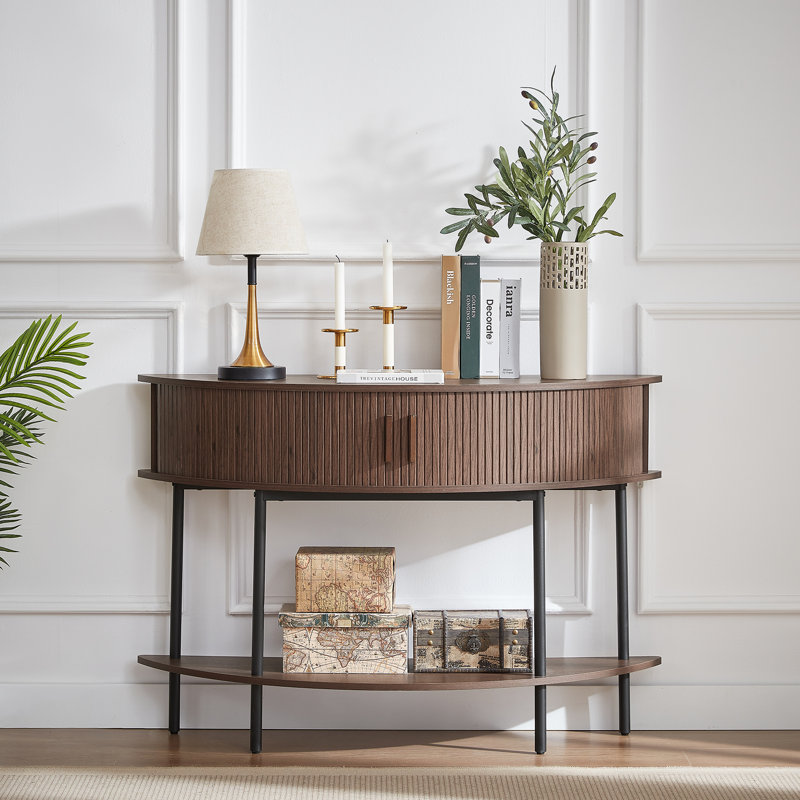46.4" Farmhouse Half Moon Console Table With Fluted Sliding Doors and a Tambour Storage Cabinet, Walnut