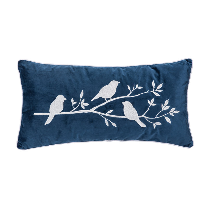 Navy Blue Velvet Embroidered Bird Branch Throw Pillow
