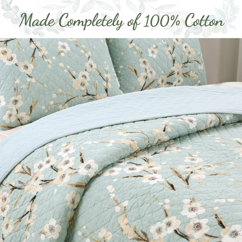 Cyan Blue Cotton Queen Reversible Floral Quilt Set