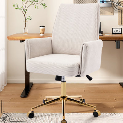 Fauteuil de bureau ergonomique à dossier moyen en velours côtelé à rayures, idéal pour les espaces de détente et la base dorée à rayures blanches