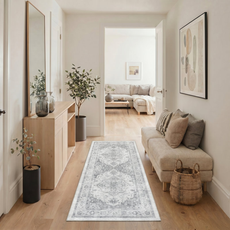 Medallia Floral Machine Washable Grey Indoor Area Rug with Non-Slip Backing, Runner 2' x 6'