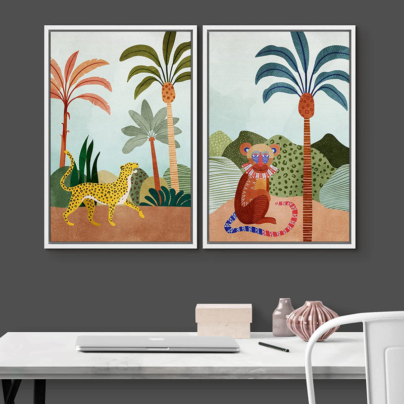 «Bright Preppy Animals Wild Wild Jungle Safari Cheetah and Monkey Nature», ensemble de 2 impressions encadrées sur toile