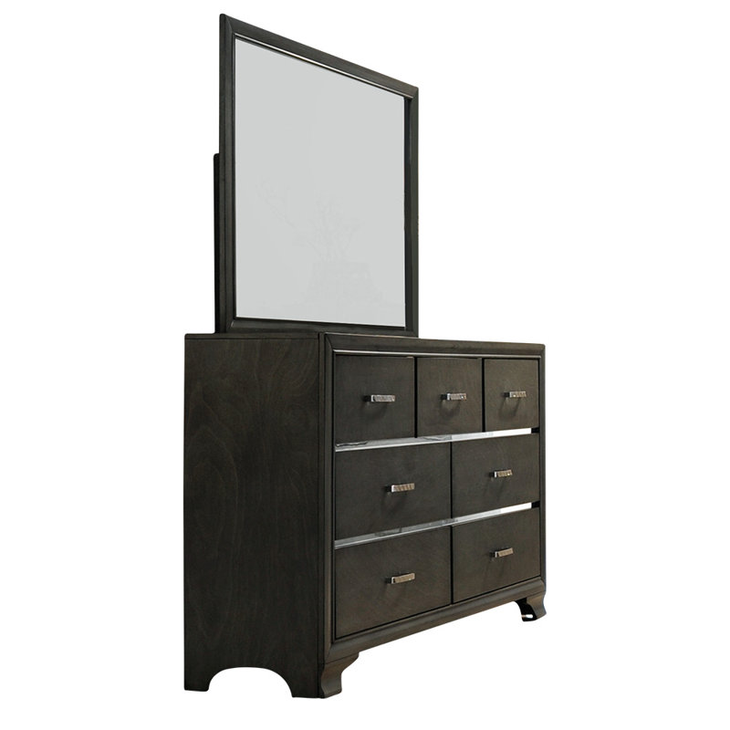 Ensemble de chambre avec grand lit 4 pièces avec lit tapissier, commode, miroir et table de chevet gris anthracite, Grand