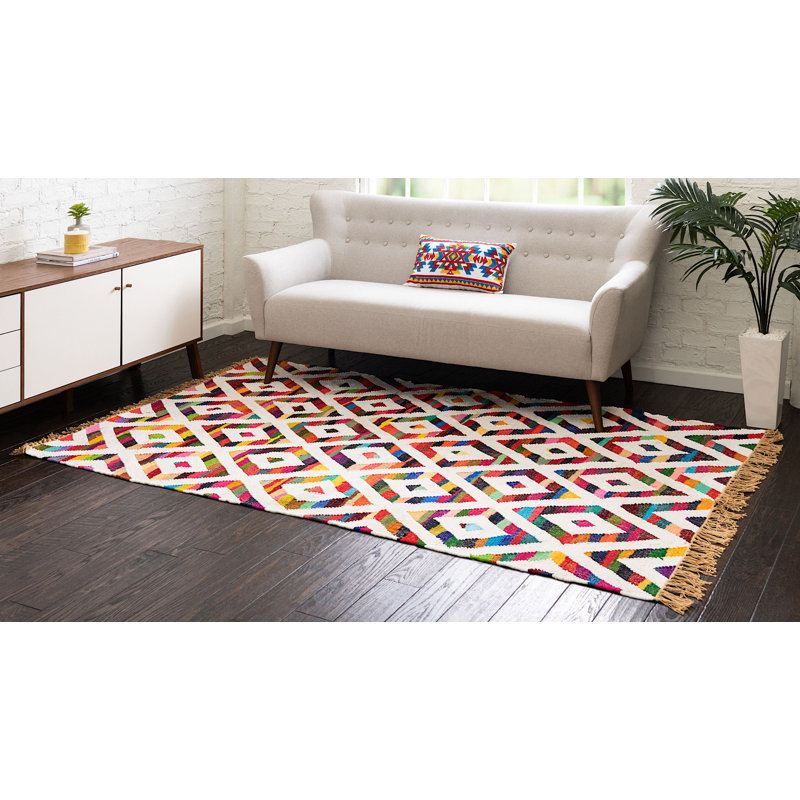 Tapis abstrait en coton fait à la main en ivoire, Rectangle 9 pi x 12 pi