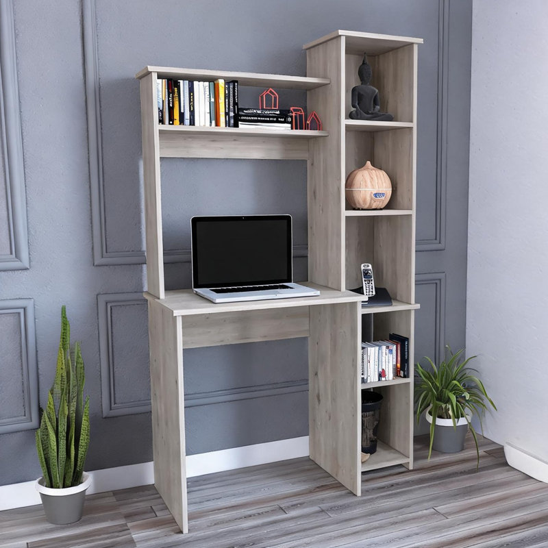 Bureau d'écriture peu encombrant avec huche et bibliothèque latérale, panneau de particules gris, conception rectangulaire compacte pour les petites pièces