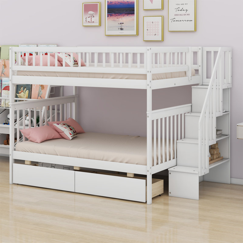 Bunk Bed With Two Drawers And Storage Stair, White