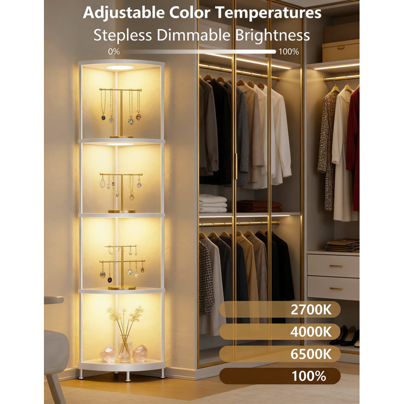 Lampe sur pied d'angle avec éclairage à DEL RGBCW, support de rangement à 5 niveaux, luminosité et couleur réglables, organisateur d'étagères pour salon, chambre à coucher, bureau