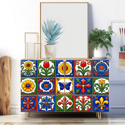 Narrow 35.4'' Wide Sideboard Buffet Cabinet - 2-Door Accent Storage Cabinet With Mexican talavera ceramic tile seamless Ethnic folk Print And Metal Legs