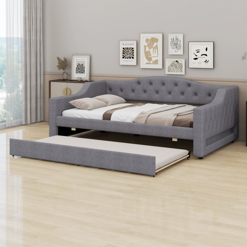 Upholstered Daybed With LED Belt And Trundle, Gray