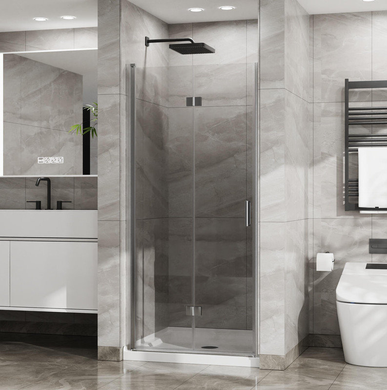 Porte de douche pliante en verre trempé sans cadre 34 po x 72 po 1/4 po en verre trempé transparent pivotant, pliable, Chrome