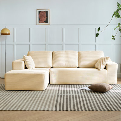 Compression-Boneless 96" L-Shaped Cloud Sectional Sofa with Oversized Chaise, Modular 3-Seater Corduroy Couch for Living Room & Bedroom, Deep Seat No Assembly Required