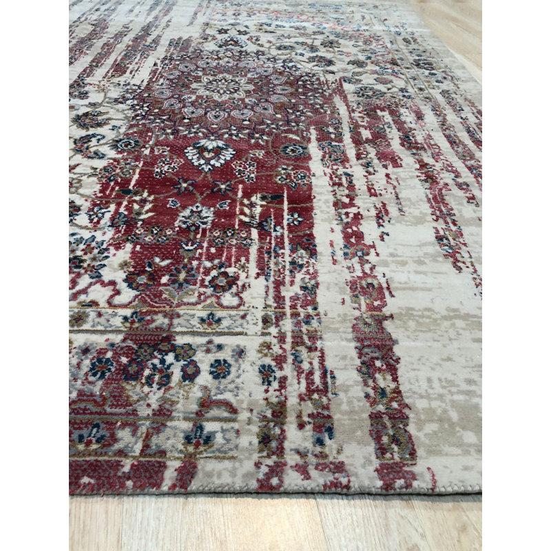 5x8 Ivory Machine Made Wool Viscose Distressed Floral Medallion Geometric Modern Contemporary Carpet Rug