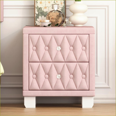 Table de chevet élégante 2 tiroirs en velours avec poignées et rangement en cristal - rose
