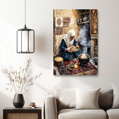 Traditional “Middle Eastern Woman Preparing Food in Rustic Kitchen (Warm Tone)” Middle Eastern Kitchen Canvas Wall Art Stretched Frame for Cozy Studio