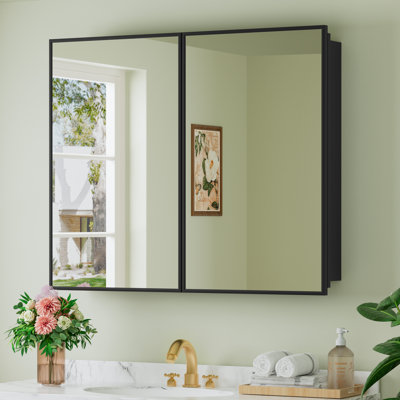 Armoire à pharmacie blanche avec miroir l 36 po x H 30 po, tablettes réglables en verre trempé, grand espace de rangement, encastré ou à fixation en surface