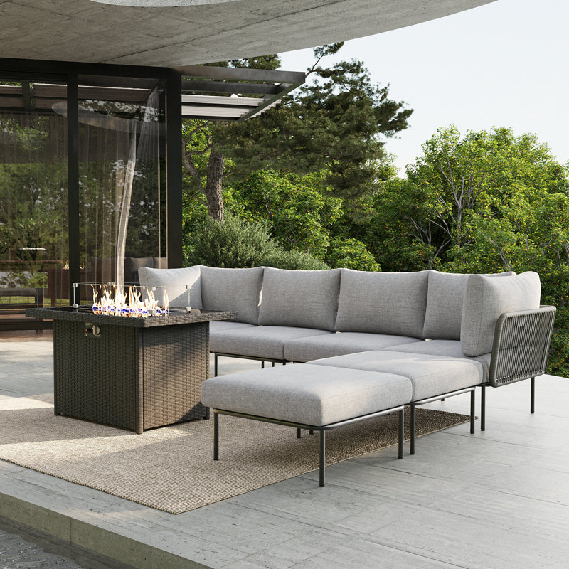 Latitude Run® 7 Pieces Aluminum Patio Furniture Set, Modern Modular Sectional Sofa with Fire Pit Table and Upgrade Thickness Cushion