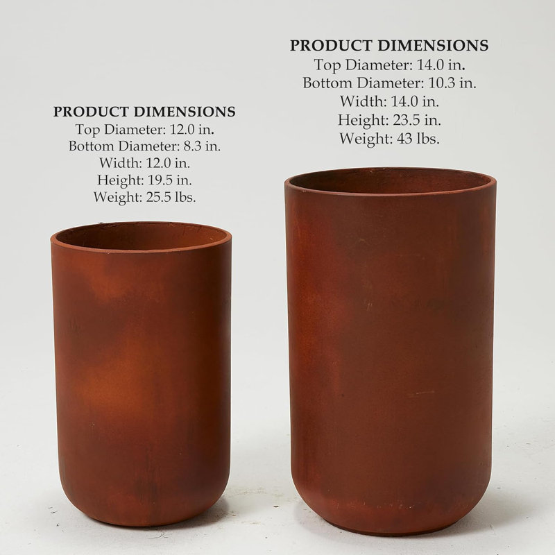 19.5" & 23.5" H. Large Heavy Duty Cylindrical Cement Planter Box Set of 2 with Drainage Hole Rust Colour